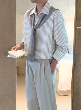 阿茶与阿古【白山之纹】披肩条纹衬衫男长袖日系文艺休闲宽松衬衣