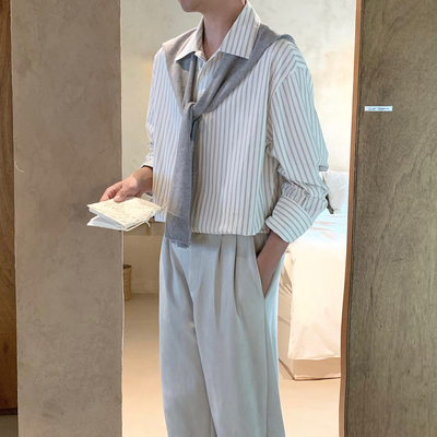 阿茶与阿古【白山之纹】披肩条纹衬衫男长袖日系文艺休闲宽松衬衣