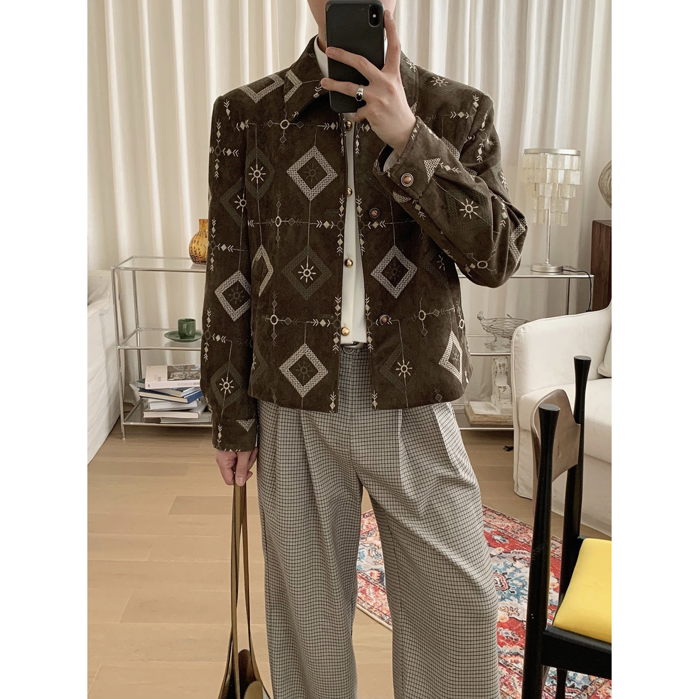 阿茶与阿古棕色绒皮刺绣外套男款2026秋季复古宽松休闲夹克上衣