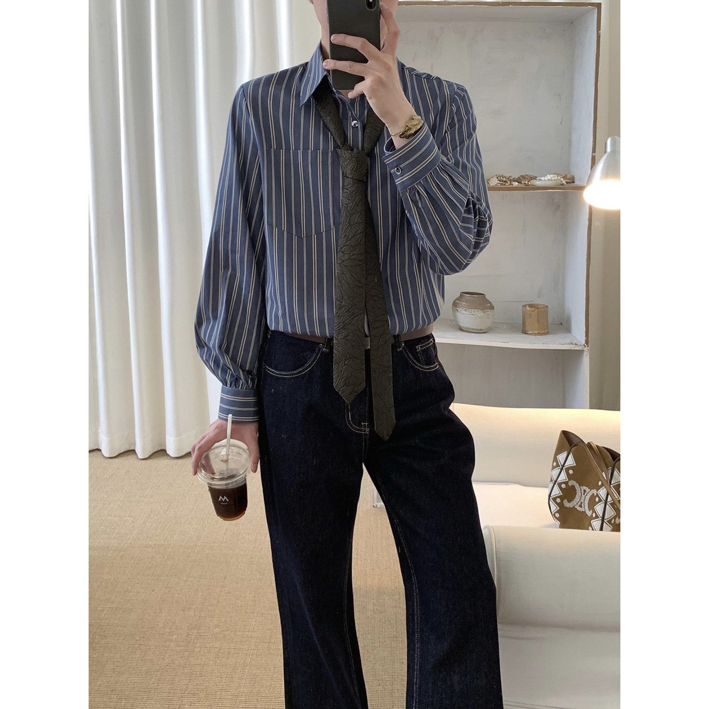 阿茶与阿古静谧蓝撞色条纹衬衫男款秋季宽松休闲气质翻领长袖衬衣