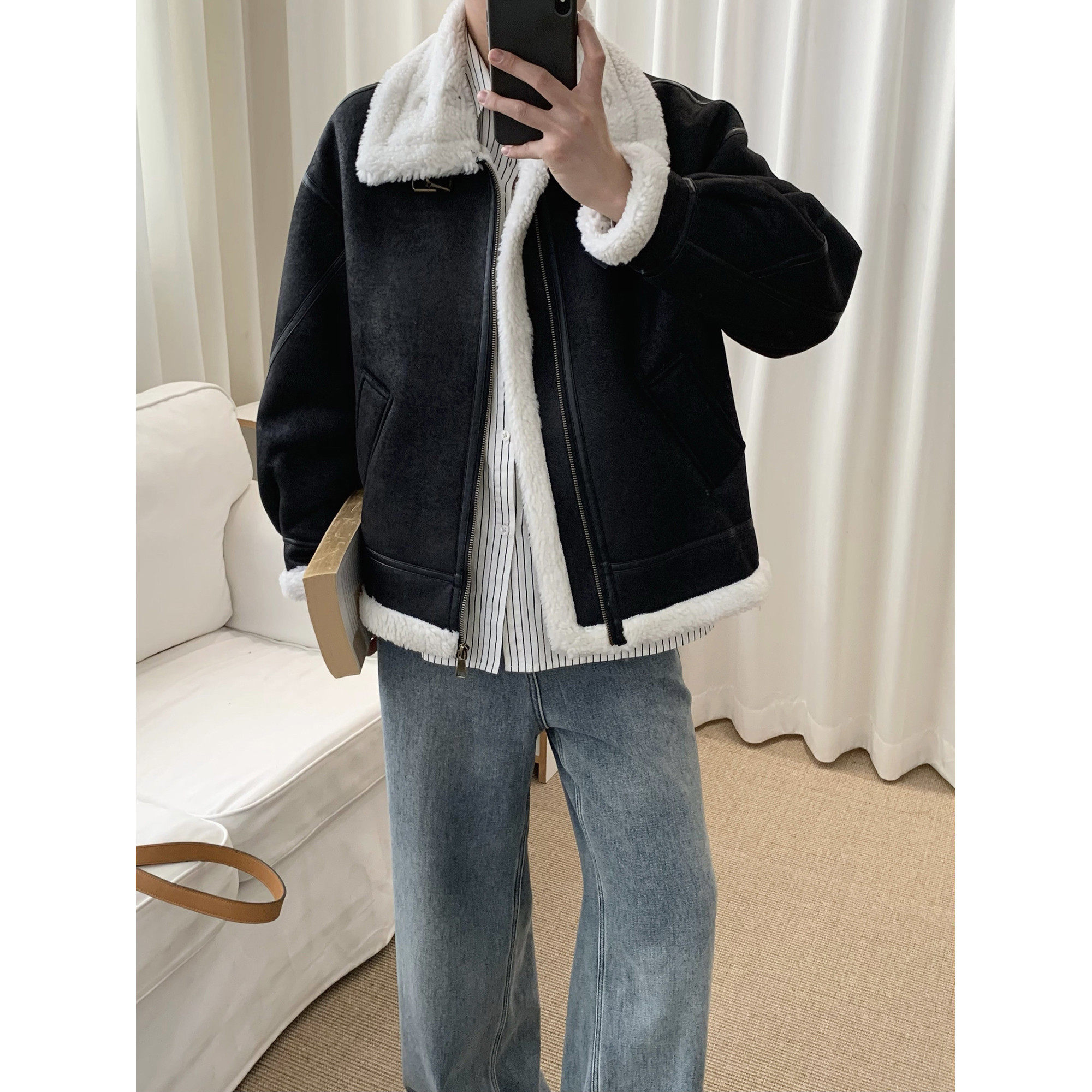 阿茶与阿古黑色仿羊羔毛外套男款冬季加厚保暖宽松休闲夹克上衣
