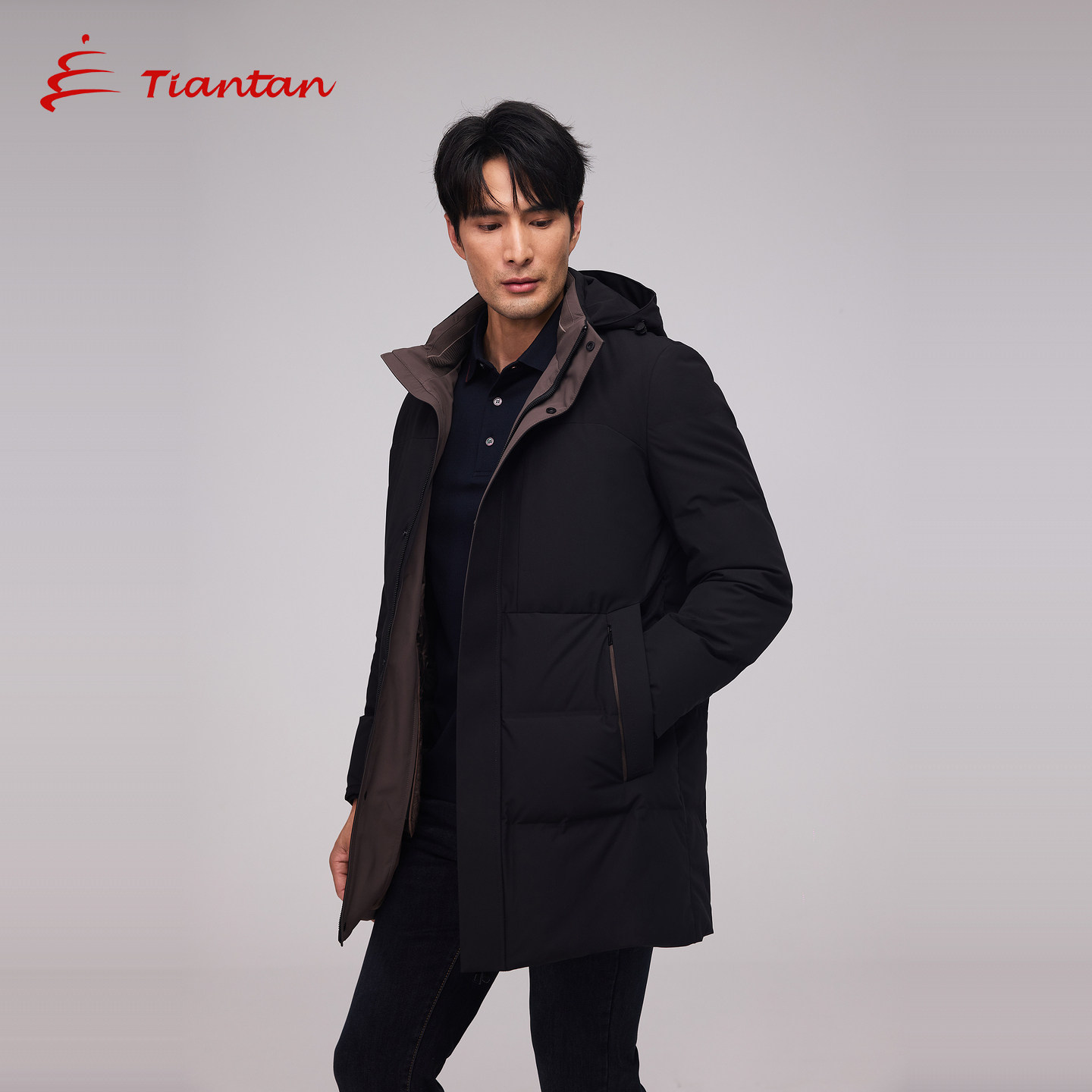 天坛羽绒服男中长款黑色经典日常休闲舒适保暖鸭绒商务外套爸爸装