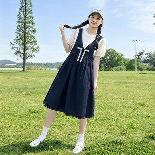 初中生假两件连衣裙夏装2026新款少女宽松休闲学院风高中学生裙子
