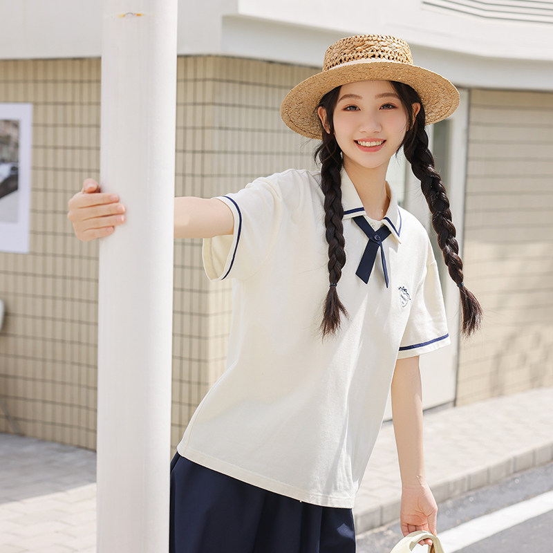 初中生短袖t恤夏2026新款少女宽松学院风洋气polo衫高中学生上衣
