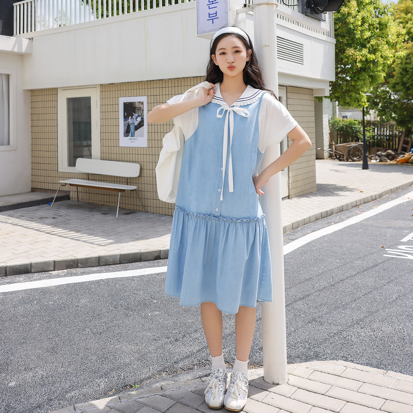 初中生牛仔连衣裙夏季2026新款少女宽松洋气假两件高中学生A字裙