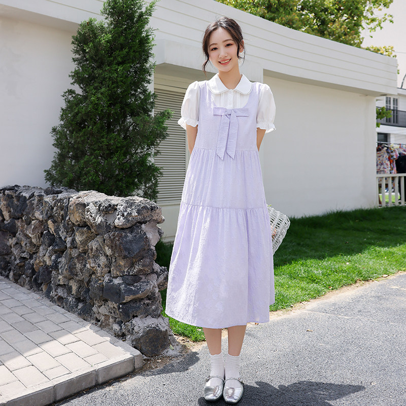 初中生连衣裙夏装2026新款少女宽松甜美娃娃领假两件高中学生裙子