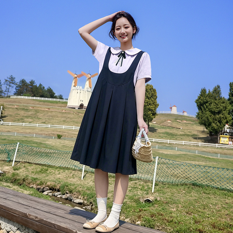 初中生假两件连衣裙夏2026新款少女宽松娃娃领学院风高中学生裙子