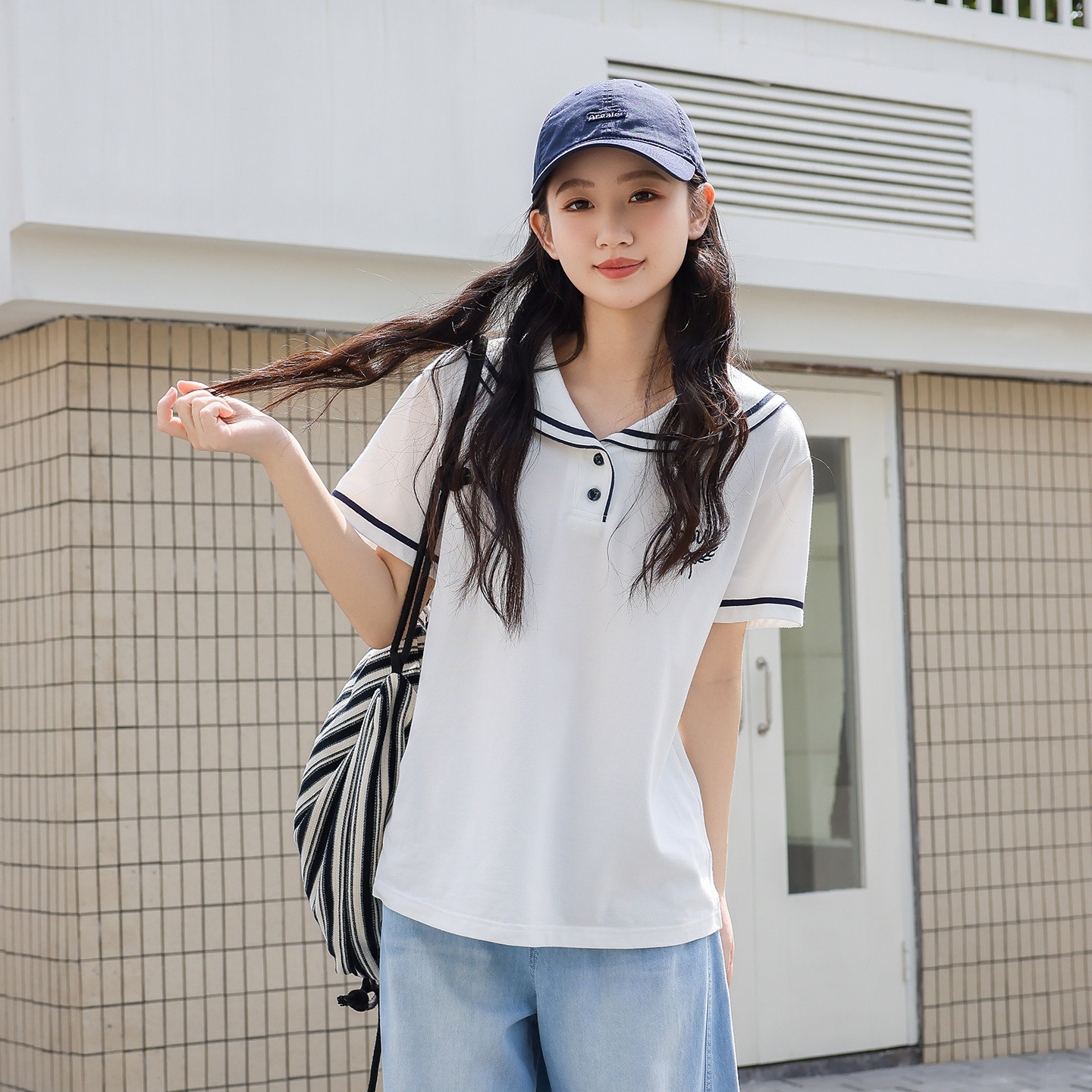 初中生短袖t恤夏季2026新款少女宽松海军领学院风高中学生上衣女