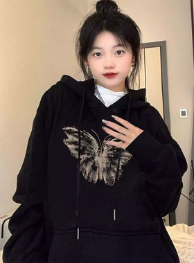 2025新款黑色蝴蝶连帽卫衣加绒外套女秋冬新款爆款设计感小众上衣