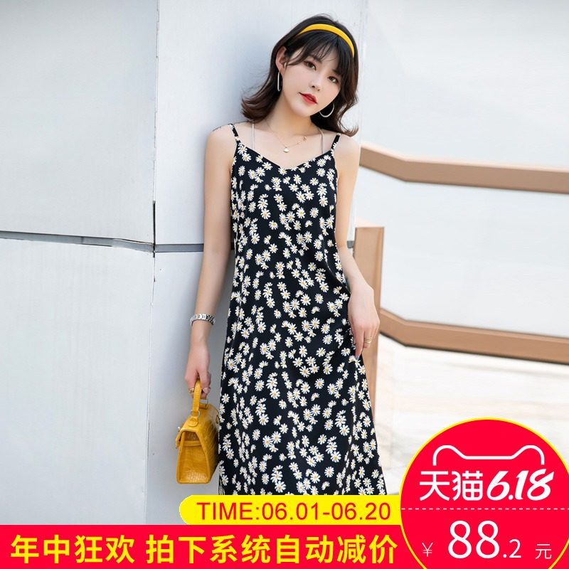 小雏菊无袖连衣裙女2020夏装新款修身显瘦气质裙子V领碎花吊带裙