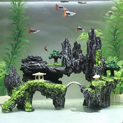 鱼缸假山造景 假石头装饰造景石 鱼虾躲避屋仿真水草小摆件套餐