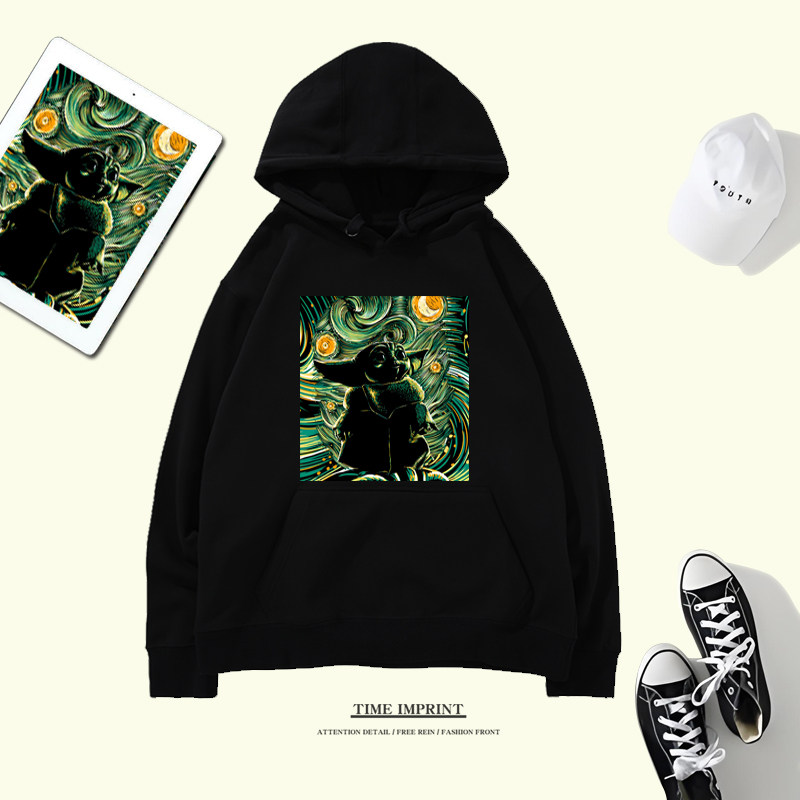 新款星空油画联名尤达卫衣男加绒帽衫宽松外套情侣装动漫衣服潮流
