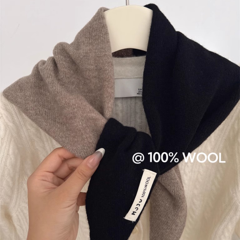 高品质100%澳洲羊毛围巾女韩国拼色百搭WOOL纯羊绒披肩三角巾围脖