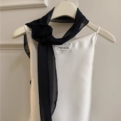 长条纯色丝巾女春夏新款百搭玫瑰花围脖飘带细窄高级感潮洋气装饰