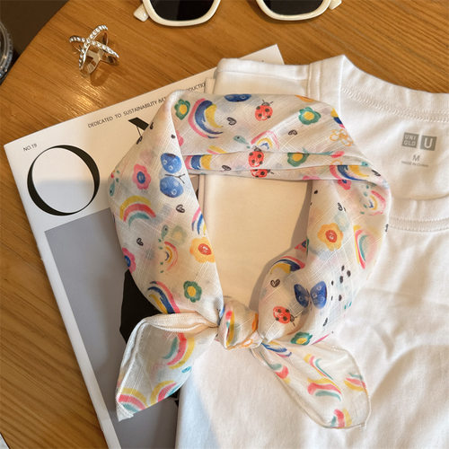 春夏季小清新棉质领巾花朵小方巾复古围巾薄款护颈丝巾发带包头巾