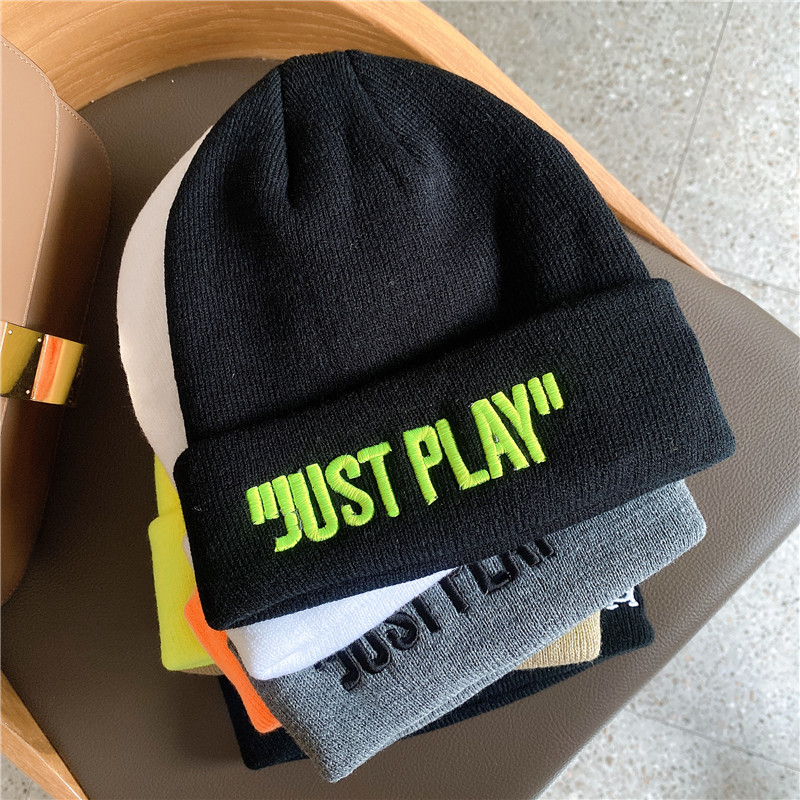 字母刺绣针织帽欧美冷帽JUST街头运动百搭男女美式潮牌黑色毛线帽
