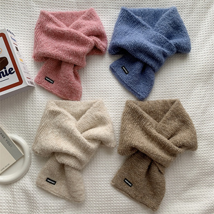 交叉短款小围巾女冬季保暖纯色毛线针织围脖学生韩版情侣款百搭男