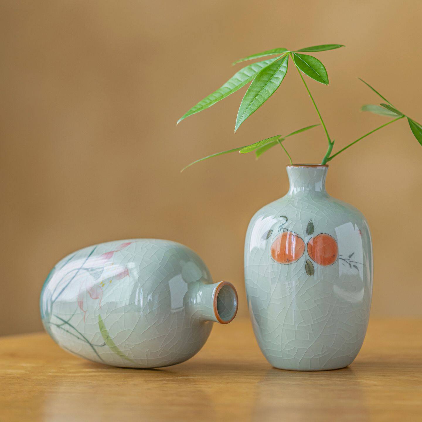 冰裂手绘荷花陶瓷花瓶花插功夫茶道配件小花器摆件中式