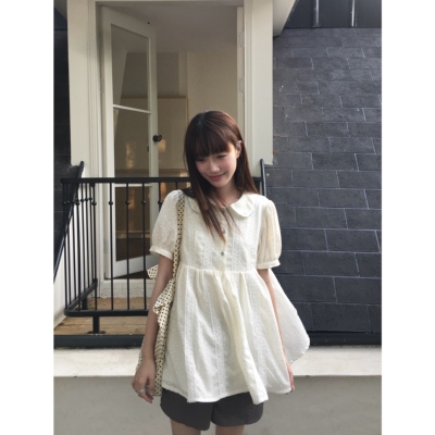 岛屿日记 白色娃娃领小花蕾丝拼接衬衫女夏初恋感上衣