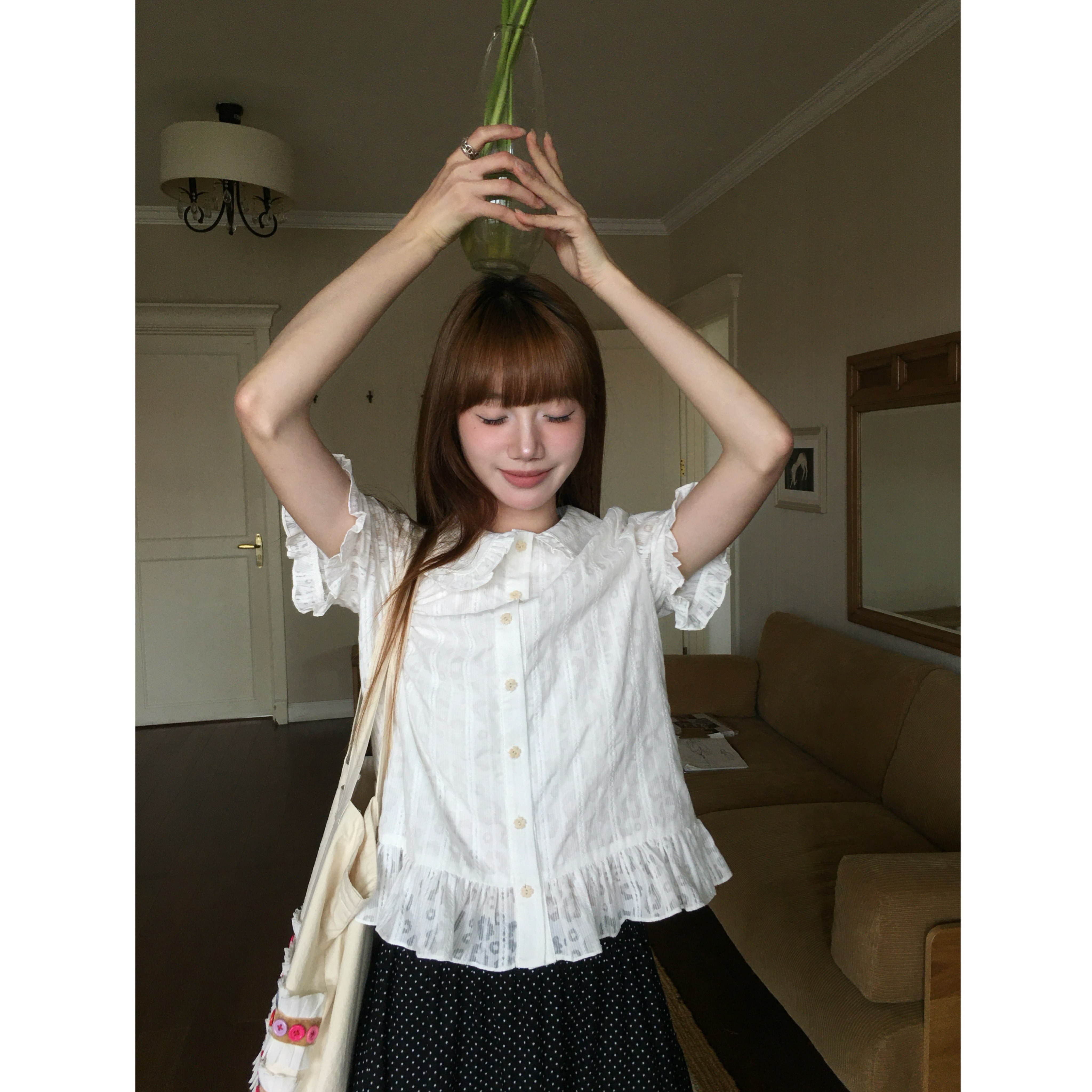 岛屿日记 白色小花纹理荷叶领娃娃领短袖衬衫夏季上衣