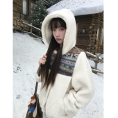 冬季 岛屿日记 外套 费尔岛少女感拼接羊羔绒加厚短款