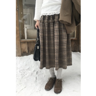 岛屿日记 冬日摩卡'羊毛呢子棕色格子半身裙秋冬长裙