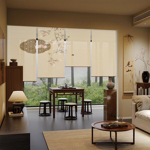 新中式升降遮阳屏风软隔断宋代美学家用客厅茶室装饰卷帘窗帘梅花