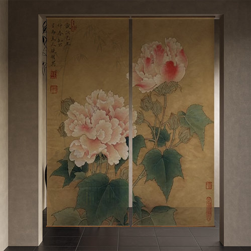 宋代美学中式禅意牡丹屏风软隔断客厅玄关遮挡装饰半透帘窗帘门帘