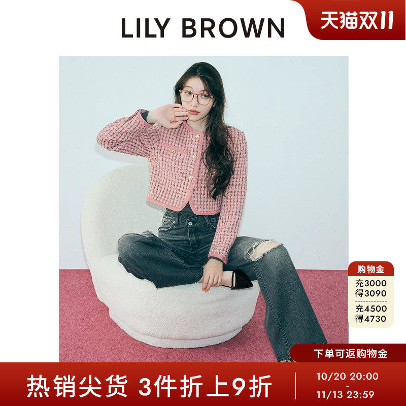 LILY BROWN秋冬款小香风粗花呢圆领短款夹克外套LWFJ254055
