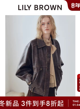 LILY BROWN2025秋冬新品复古拉链落肩仿皮革夹克外套LWFJ254066