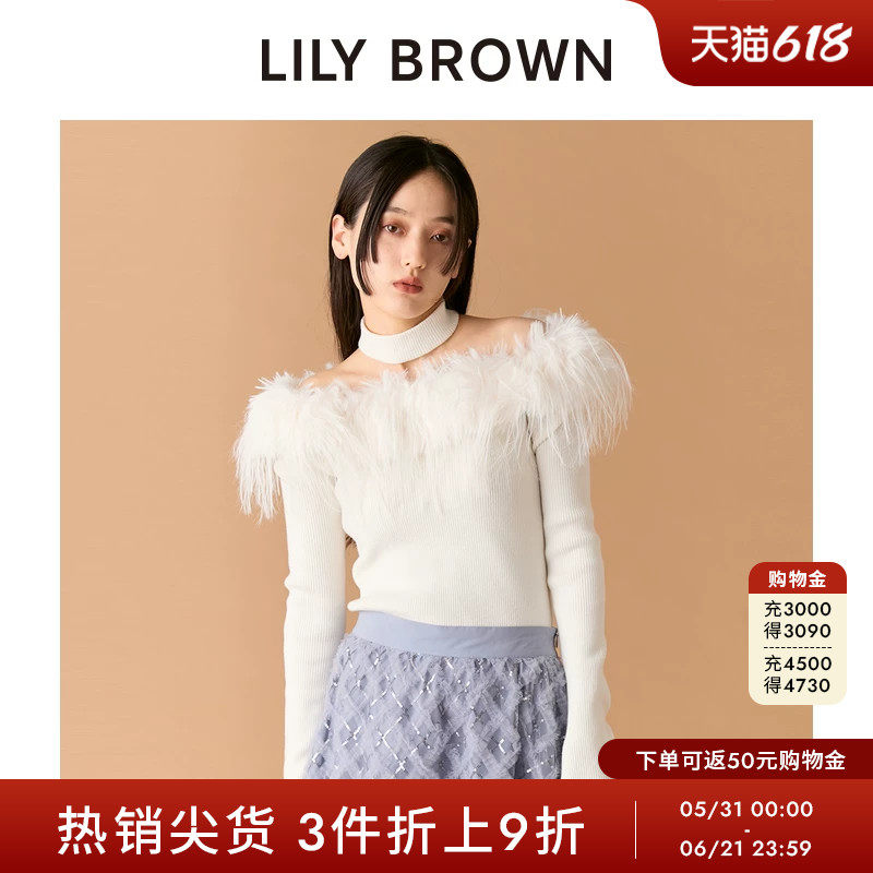 LILY BROWN秋冬款一字领露肩流苏毛毛针织衫上衣LWNT255052
