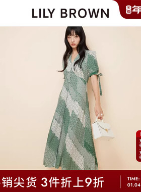 LILY BROWN春夏款复古印花V领收腰短袖连衣裙LWFO252025