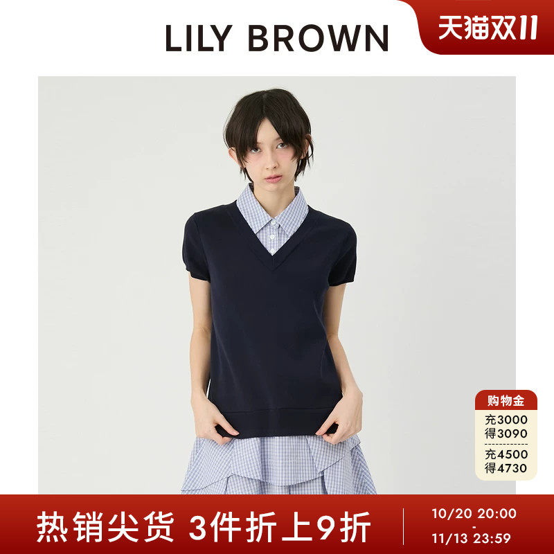 LILY BROWN2026春夏新品衬衫领针织拼接假两件连衣裙LWNO262208
