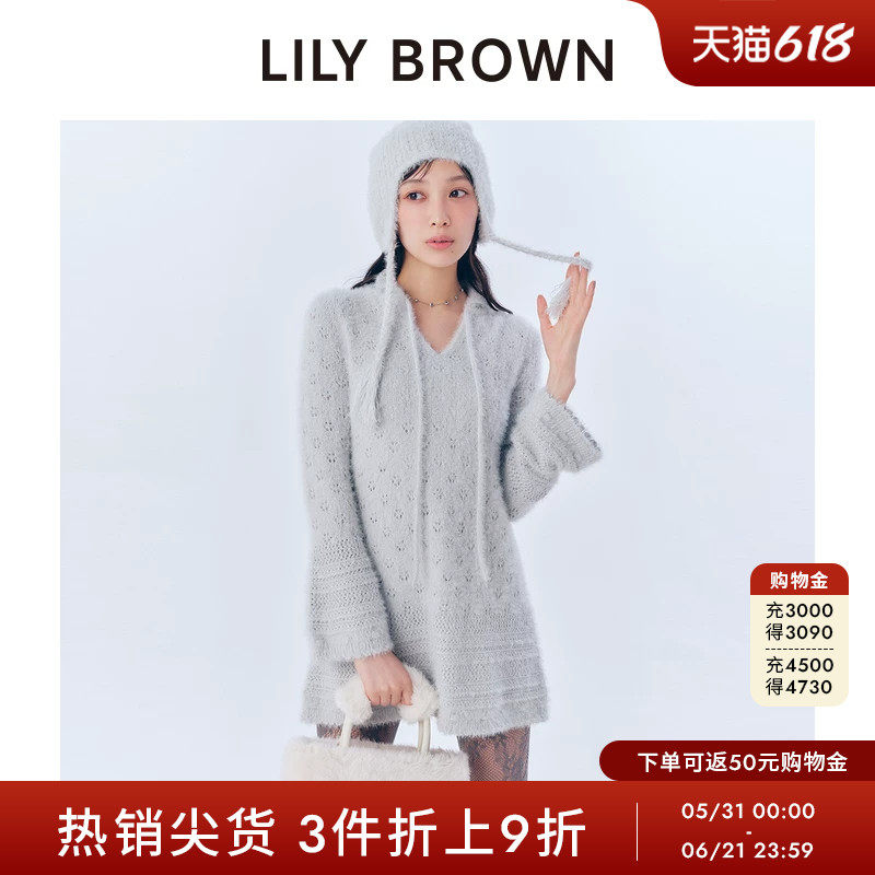 LILY BROWN秋冬款绒感系带钩针镂空A字连衣裙LWNO254081