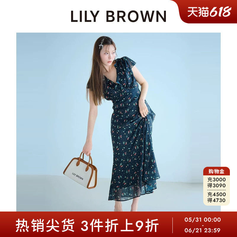 LILY BROWN春夏款收腰露背小飞袖印花雪纺连衣裙LWFO252086
