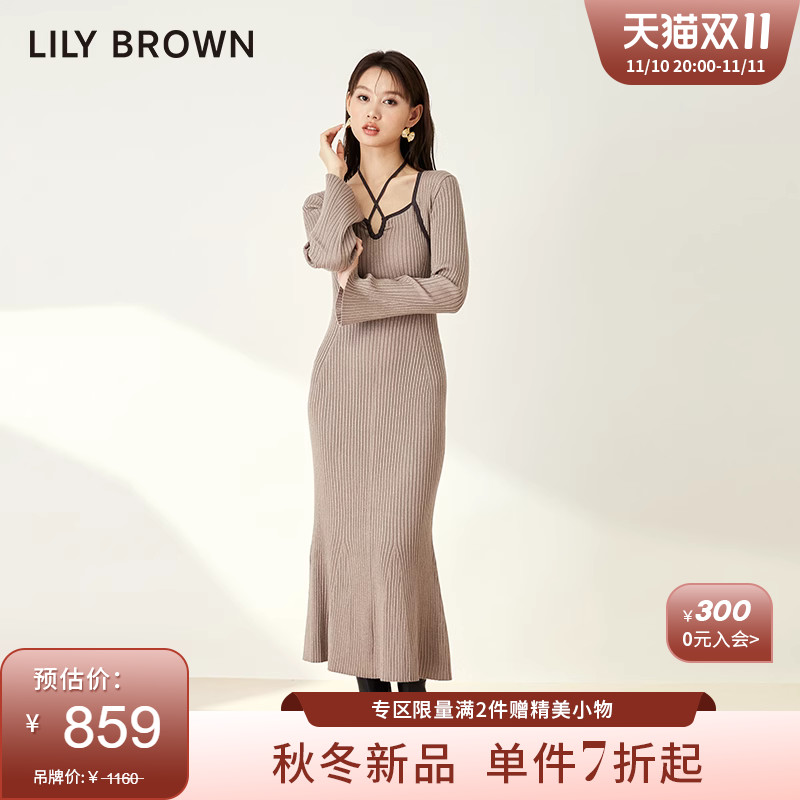 LILY BROWN2023秋冬新品 复古挂脖修身撞色系带连衣裙LWNO234172