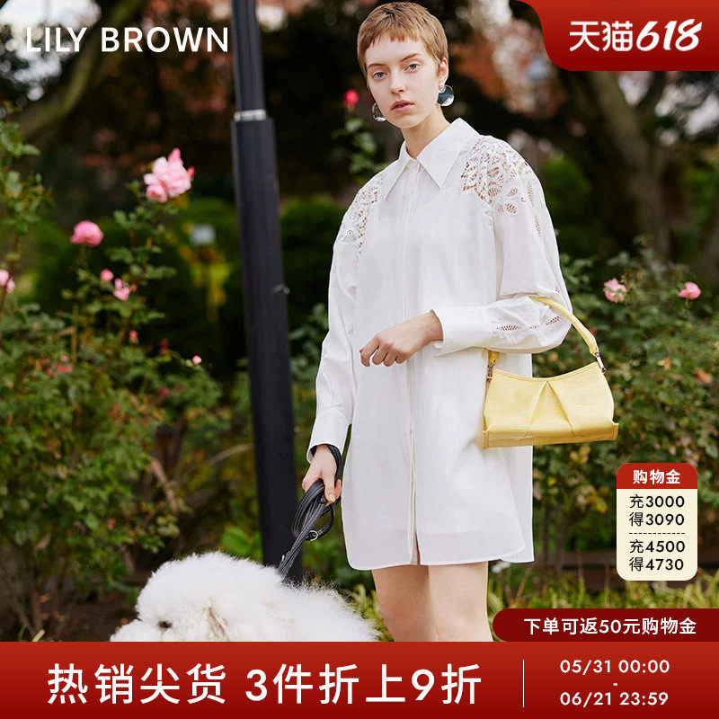 LILY BROWN春夏款 翻领甜酷蕾丝镂空衬衫连衣裙LWFO231258