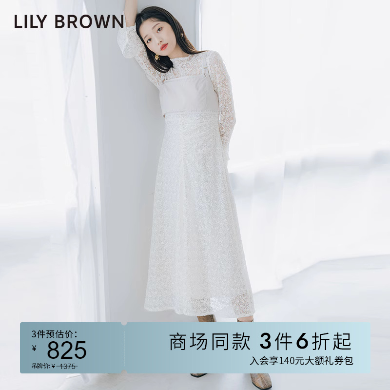 LILY BROWN2023秋冬新品甜美镂空蕾丝收腰喇叭袖连衣裙LWFO234194