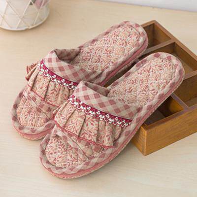 新款纯棉布艺加厚三层布底静音无声厚底居家布拖鞋男女情侣室内