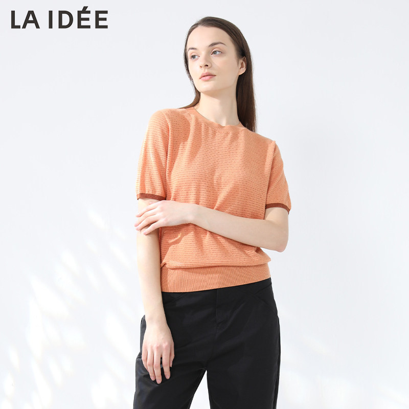 LAIDEE/罗兰伊杜针织毛织上衣圆领套头短袖宽松毛衫女优雅气质夏