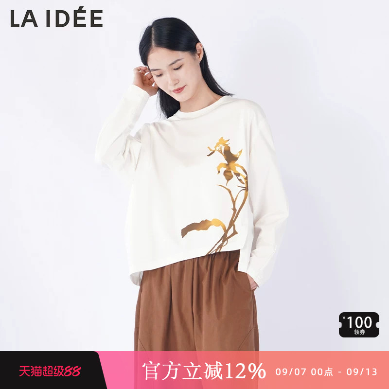 LAIDEE/罗兰伊杜T恤O型宽松印花圆领不规则简约文艺长袖上衣女秋