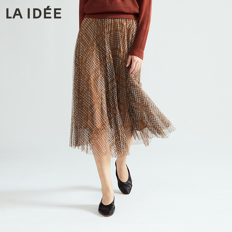 LAIDEE/罗兰伊杜半身裙文艺格子印花网纱裙气质菱格a字裙半身裙女