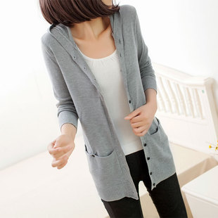 V领2020新款 针织开衫 带帽春秋宽松外套长袖 修身 显瘦外搭 女中长款