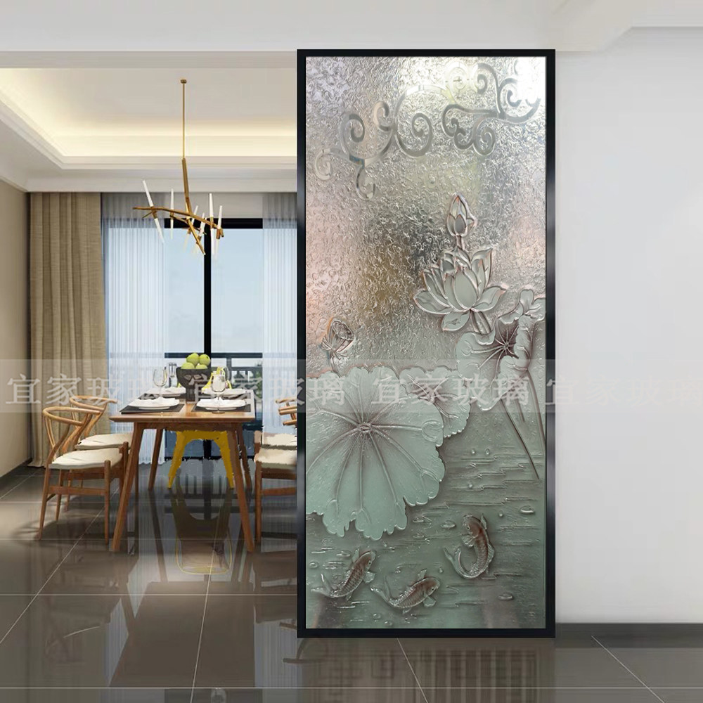 艺术玻璃玄关新中式浮雕工艺荷花简约现代移门璃双面透光卫生间