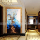 上海艺术玻璃玄关背景墙抽象油画蓝色调深雕3D隔断过道现代客厅隔