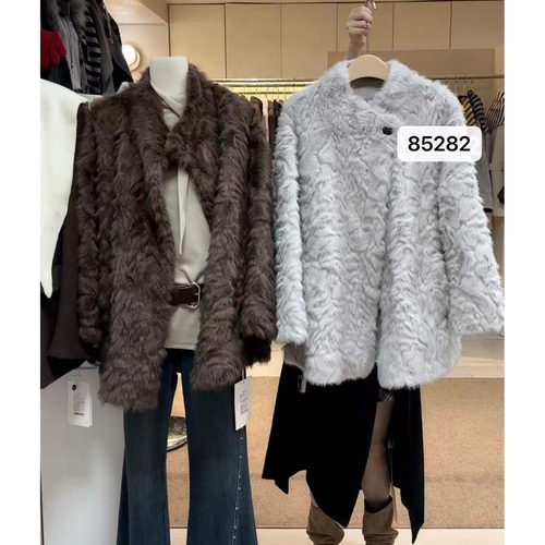 欧洲站一粒扣卷卷毛环保皮草女2025冬季中长款宽松皮毛一体外套