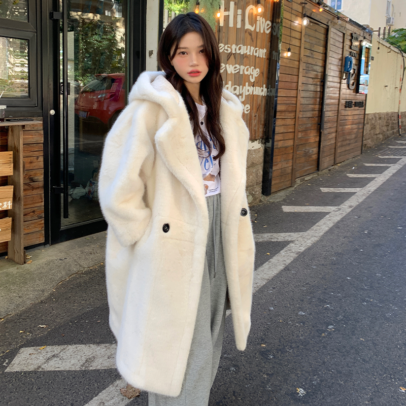 冬季新款连帽慵懒风宽松毛毛外套