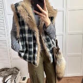 2025新款 两面穿格子皮草马甲女保暖立领毛毛外套百搭狐狸毛上衣