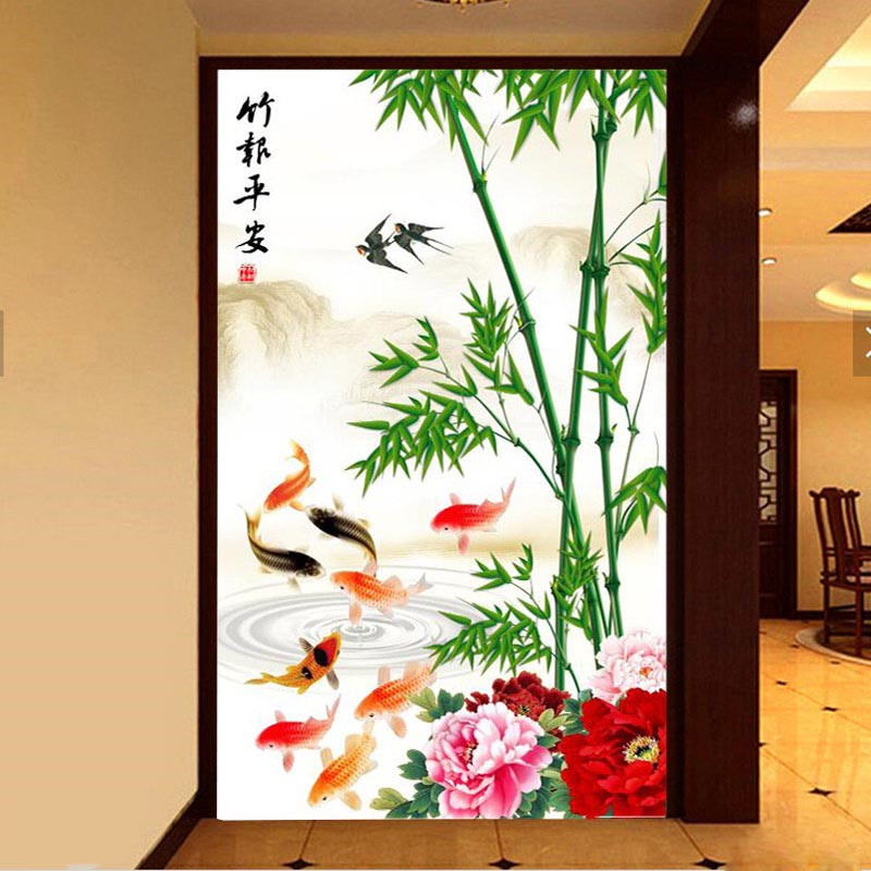 立体现代简约玄关墙纸壁纸16d过道走廊尽头壁画无缝荷花竹子墙布