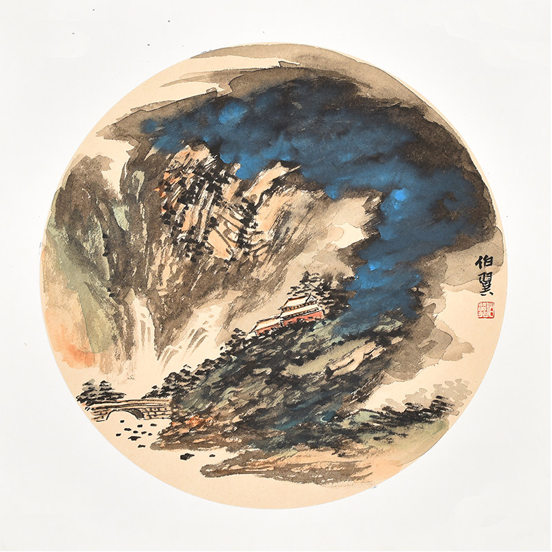 名家纯手绘水墨山水画圆心 电表箱装饰画 电源配电箱遮挡箱墙画